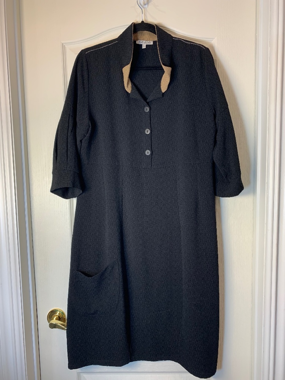 Alain Murati Black Tan Textured Midi Dress 90s Style EU L Lagen Minimalist Artsy